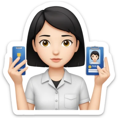 A young guide with short black hair and fair skin is wearing a white shirt, showcasing her license with both hands, which is horizontal. sticker