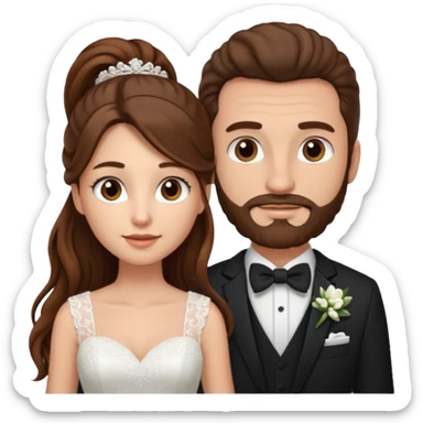 wedding couple woman with long straight brown hair and eyes man with long brown curly hair in pony tail and facial hair sticker