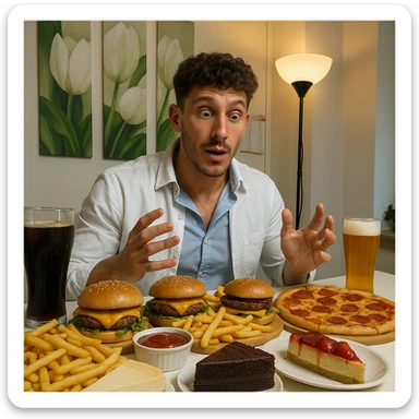 Create a hyperrealistic 4K image of a man having a huge, high-calorie cheat meal inspired by the reference photo. The table is full of hypercaloric food including hamburgers, fries, pizza, desserts, and drinks. The atmosphere is realistic with the man showing a satisfied or surprised expression. The environment should resemble the one in the reference photo. sticker