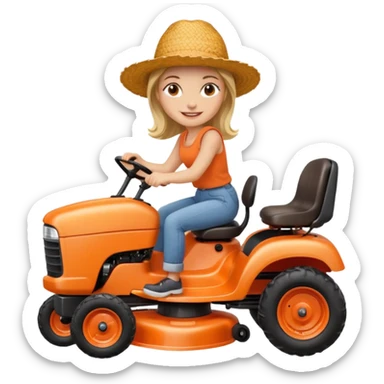 White woman without glasses wearing a straw hat, on old orange ride on lawn mower.  sticker