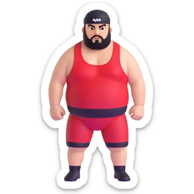 White skin fat guy with prominent black durag, shaved beard stubble, black eyes in a red and black wrestling singlet with angry face sticker