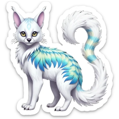 Colorful dark tropical feathery tribal pale light fruity pastel white glorious iridescent divine exotic cute albino neon vibrant spooky evil zigzagged cool beautiful beautiful fantasy-caracal-civet-genet-sergal-vernid-Gryphon-Cacomistle-Trico-oncilla-animal-Fakémon-hybrid-fursona (full body) sticker