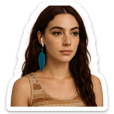 Boho-modern young woman: fair skin, freckles, oval face, defined cheekbones, meditative look. Hazelnut brown almond eyes, bold eyeliner, thick arched brows. Long, wavy, deep dark red hair, two loose strands. AirPods, woven boho top in natural colors, blue feather earring, nose piercing right. Calm, creative, artistic, modern. sticker