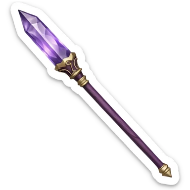 Wand with Heartwood of Silver Birch, 12.5 inches long, Medium flexibility, Tip Inlay: small amethyst hexagonal shard, Finish: Plum-stained lacquer over whitewood core, giving the wand a soft, moonlit glow in dim light. sticker