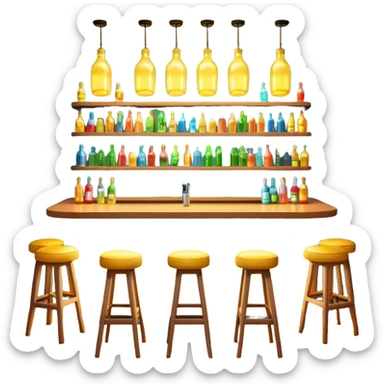 A 3D cartoon bar counter with tall stools, hanging yellow lights, and shelves filled with colorful bottles in the background. Smooth textures, warm ambient lighting, realistic reflections, dark background, Memoji-style design. sticker