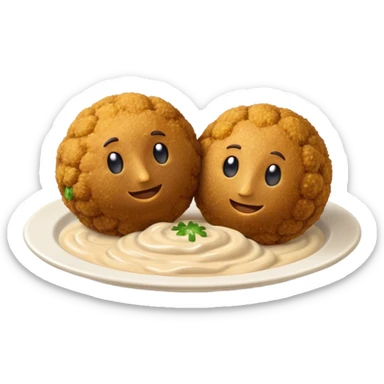 Cinematic Realistic Falafel Dish Emoji, depicted as crispy, golden falafel balls served with tahini sauce rendered with lifelike textures and vibrant, appetizing lighting. sticker