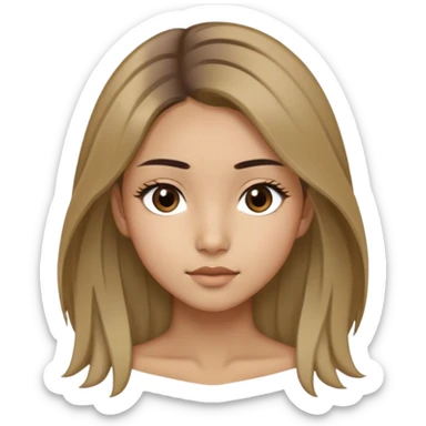 A thin girl with Mongolian roots, shoulder-length dark blonde hair with light strands framing her face, large slightly slanted dark brown eyes, olive skin, and medium-width light brown eyebrows sticker