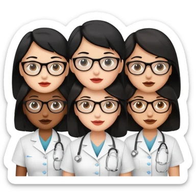 Genera un emogis de 4 enfermeras pelinegra juntas, entre ellas una con un lunar encima del labio y otra con lentes sticker