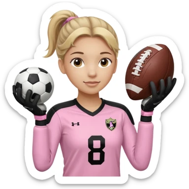 Make a dirty blonde football goalkeeper with goalkeeper gloves on holding a regular  The girl is light skinned and wearing a light pink football. Wearing a ponytail with the dirty blonde. Make it without the whole body. With full sleeves. WITHOUT A RUGBY BALL JUST REGULAR BLACK AND WHITE BALL sticker