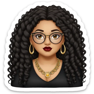 teen big plus size, latina, darker tan skin, gold jewelry, long black curly hair, baddie,pretty, makeup, dark red lipgloss, black eyeliner, long hair, black top, black glasses sticker