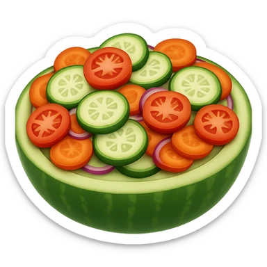 Add cut carrot slices to the cucumber salad with tomato and onion. The style should resemble emoji style with no background. sticker