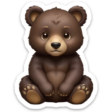 Cinematic Noble bear cub Portrait Emoji, Poised and regal, with a large, imposing build and a thick, well-groomed rich dark brown fur, deep-set soulful eyes, Simplified yet sharp and sophisticated features, highly detailed, glowing with a soft, dignified glow, high shine, intelligent and formidable, stylized with an air of wild majesty, focused and attentive, soft glowing outline, capturing the essence of a watchful and commanding guardian, so majestic it feels as though it could lumber out of the screen with effortless authority! sticker