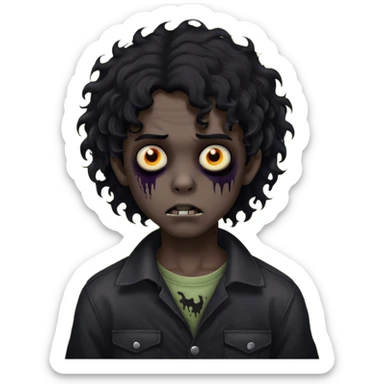 Boy, zombie, black curly wavy hair, medium long, round shaped hair, emo, dark, spooky, creepy expression sticker