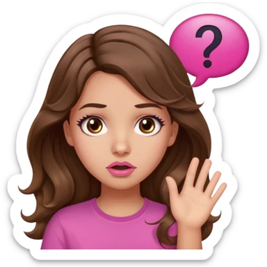 girl with long wavy brown hair, brown eyes, light to medium complexion, in a pink shirt, pink lips, long lashes, confused, question mark speech bubble sticker