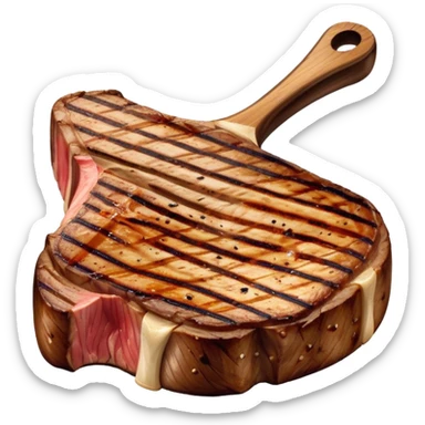 Cinematic thick-cut t-bone steak, perfectly seared with grill marks, a grilled center, rich and savory, warm glow, sizzling and mouthwatering, highly detailed and appetizing. sticker