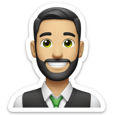 Create an emoji of a handsome white man with a suit, black hair in a crew cut, and green eyes. He has a 3-day stubble beard and is smiling happily. The overall expression should be friendly and confident. sticker