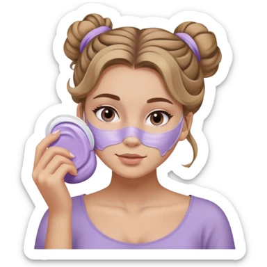 girl with wavy dark blonde hair messy bun applying lilac skincare mask on face sticker