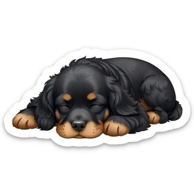 Cinematic Meme-Worthy Chubby Sleeping Black Cocker Spaniel Portrait Emoji, Head resting peacefully with a contented smile, showcasing a delightfully chubby build and a luxuriously soft black coat with gentle tan markings, eyes shut in a serene nap, Simplified yet hilariously adorable features, highly detailed, glowing with a soft, drowsy light, high shine, relaxed and utterly lovable, stylized with an air of playful laziness, bright and heartwarming, soft glowing outline, capturing the essence of a comically sleepy companion, so meme-worthy it feels like it could instantly become the next viral sensation of adorable slumber! sticker