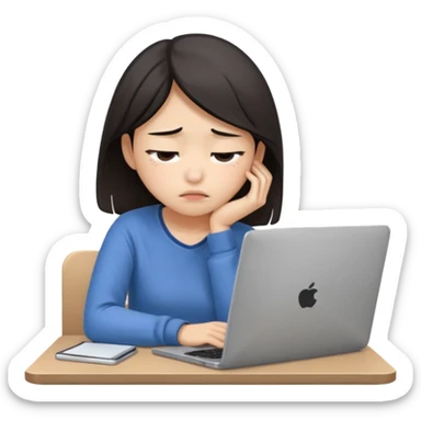 Create an emoji of a tired girl of Asian descent, sitting at a laptop, looking exhausted and frustrated. They have slouched posture, representing overwork and burnout. sticker