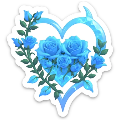 gothic heart made of frosted glass, silver crescent moon, glowing icy blue roses, holographic stardust, neon cyan lightning, drenched and splintered glass sticker