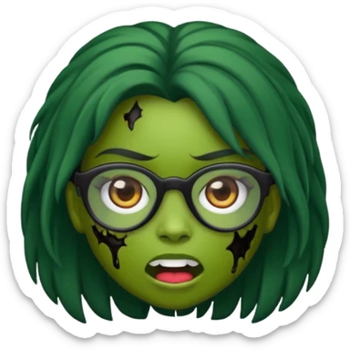crie um emoji de zumbi feminino, com pele verde, óculos preto e cabelo longo preto sticker