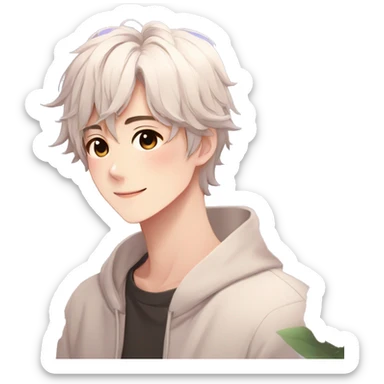 Gorgeous anime style shojo guy with blushing face and flowers aesthetic trending style outside sticker