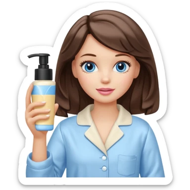 Barbie girl with makeup, blue eyes , and bob long haircut wavy, short brown hair in creamy color pajamas, face cream in hand sticker