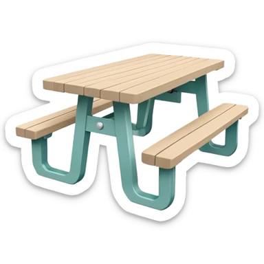 simple rectangular picnic table with attached benches, soft teal color, white end caps on table and benches, all legs straight, small wheels underneath, flat wood-style silhouette, muted teal tone, clean geometry, minimal shading sticker