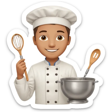 Male Young Pastry Chef – smiling, holding whisk and mixing bowl. sticker