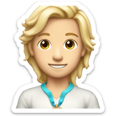 Full torso shot of Blonde hair brown eyes 4th grade boy wearing cross necklace holding dolphin sticker