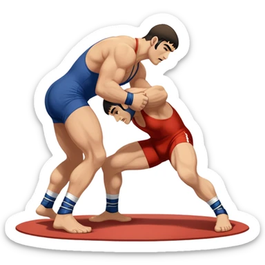 An icon showcasing two wrestlers engaged in a Greco-Roman wrestling match. The athletes are locked in a strong clinch, using their upper bodies to dominate. The background features a wrestling mat and traditional Greco-Roman elements. Transparent background. sticker