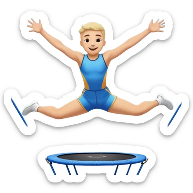 A joyful person mid-air, bouncing high on a trampoline with dynamic motion lines. Their body is stretched in an acrobatic pose, arms wide, legs bent. The scene is full of energy, with a bright blue sky and a fun, playful atmosphere representing excitement and agility. sticker