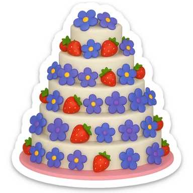 Replace the pink and white flowers with blue and purple flowers on the white wedding cake with strawberries, no topper. The style should resemble emoji style with no background. sticker