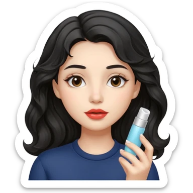 “Girl with light-black wavy hair, soft and flowing. She holds a asthetic lip balm just near her lips, about to apply it. The lip balm gives her lips a subtle glossy shine, making them look smooth, hydrated, and naturally prettyy sticker