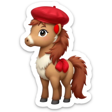A cute pony (horse) emoji, full body, standing in side view, wearing a stylish red beret. sticker