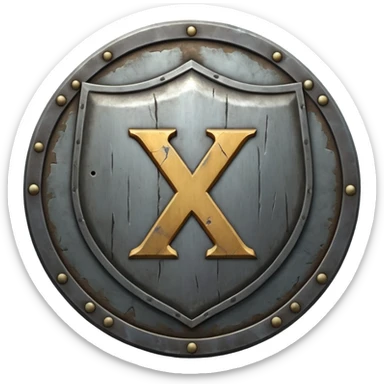 a battle worn steel shield with engraved roman numerals "XXX", the roman numerals should be prominent and in the center of the shield sticker