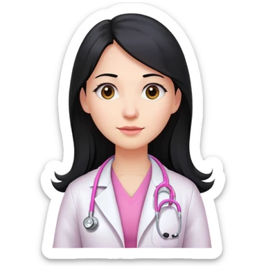Long black hair female doctor in pink undershirt white coat over pink stethoscope  sticker