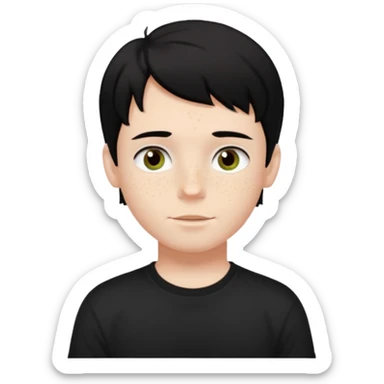 A boy with dark black hair and hazel green and brown eyes and white skin , with freckles and black t shirt with middle part hair  sticker