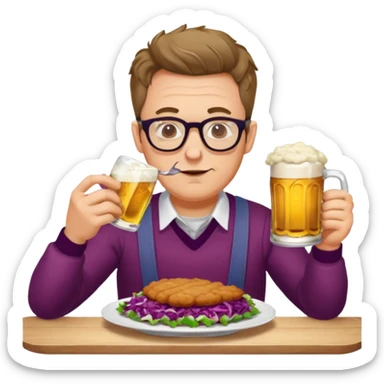 Man with glasses german eating schnitzel, red cabbage, sauerkraut, potato salad, and beer sticker