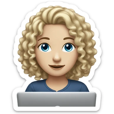 A white girl with curly hair and blue eyes is working on a laptop sticker