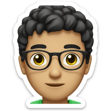 Young boy with black hair green eyes and black glasses wearing a white T-shirt sticker