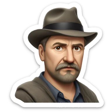 Russian writer Alexander Kuprin Photorealism A plump serious man of Slavic appearance with Small eyes with goatee beard and mustache, with a  short haircut, big detailed face, wrinkled face, wearing a fedora hat sticker