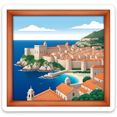 Cinematic Realistic Dubrovnik Landmark Emoji, showcasing the historic walled city with its terracotta rooftops, stone fortifications, and the deep blue Adriatic Sea stretching beyond. sticker
