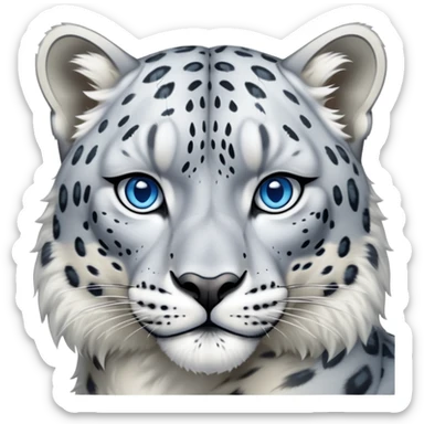 Cinematic-Noble-Snow-Leopard-Portrait-Emoji – Poised and majestic, with a muscular, agile build and a beautifully patterned coat of soft white and grey fur, marked with striking, deep-set, intelligent icy blue eyes, simplified yet sharp and sophisticated zoomed out showing the shoulders sticker