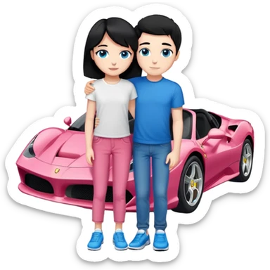 Girl with medium Black hair with blue eyes wearing a white tishirt and on that tishirt is pink ferrari and blue jeans and white Nike shoes and boy with short hair but he is not bald with brown eyes wearing white tishirt and Black jeans and white Nike shoes and they hugging each other sticker