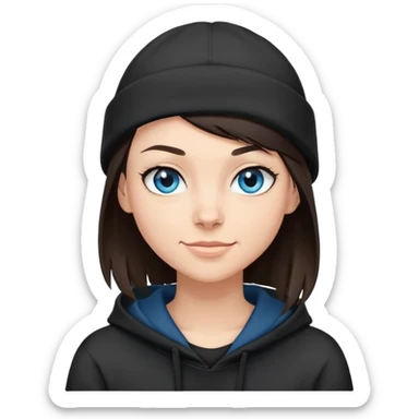 brunette with buzzed side hair nd wearing a black beanie that a side bang can be seen under. this girl needs blue eyes and a black hoodie. i want her to be smirking sticker