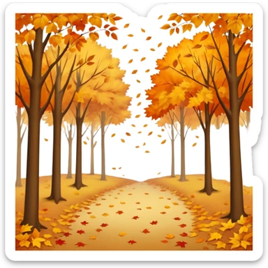 A peaceful autumn scene with golden and orange leaves gently falling from tall trees, soft sunlight filtering through the branches, leaves covering the ground, a gentle breeze in the air, cinematic atmosphere, warm color tones, 4K, ultra detailed, hyperrealistic, dreamy fall season landscape sticker