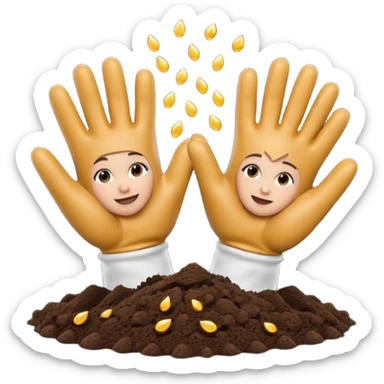 A 3D cartoon pair of gloved hands holding rich dark soil, small bits falling between fingers, bright garden background, soft light, Memoji-style realism. sticker