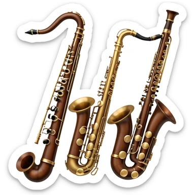 Create a refined and artistic emoji that represents lesser-known wind instruments. The design should feature a collection of unique wind instruments, such as a bassoon, oboe, or French horn, arranged elegantly. Add elements like musical notes to symbolize the harmony and beauty of these instruments. Use colors like bronze, silver, and dark wood tones to reflect the classic nature of the instruments. The background should be transparent. sticker