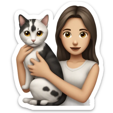 Pale girl with big brown eyes and brown hair holding two cats (a black one and a grey one with tiger marks) sticker